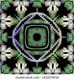 Colorful zigzag stitching embroidery seamless pattern. Ornamental vector tapestry background. Floral grunge ethnic ornament with embroidered flowers, leaves, borders, frames, shapes. Textured design.