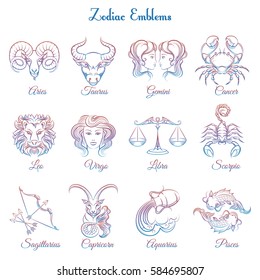 Colorful Zodiac emblems collection isolated on white backdrop. Vector illustration