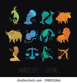 Colorful zodiac icons. Set in doodle style.