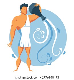 Colorful zodiac sign Aquarius depicting a strong man wearing in ancient toga clothing and pouring water out of jag. Illustration of an astrology sign. Vector flat design icon