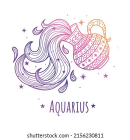 Colorful zodiac sign Aquarius. Vector illustration.Line art. Easy to recolor. Zen tangle style