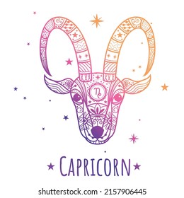 Signo de zodiaco colorido Capricornio. Ilustración vectorial.Arte de línea. Fácil de colorear. Estilo enmarañado zen