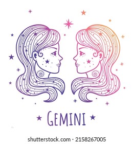 Colorful zodiac sign Gemini. Vector illustration.Line art. Easy to recolor.