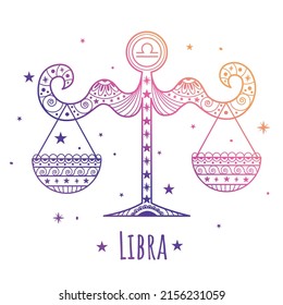 Colorful zodiac sign Libra. Vector illustration.Line art. Easy to recolor. Zen tangle style