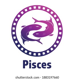 Colorful zodiac sign Pisces depicting two fish moving in opposite directions. Illustration of an astrology sign. Vector flat design icon.