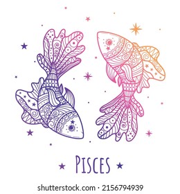 Colorful zodiac sign Pisces. Vector illustration.Line art. Easy to recolor. Zen tangle style