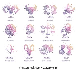 Colorful zodiac signs. Vector illustration.Line art. Easy to recolor. Zen tangle style