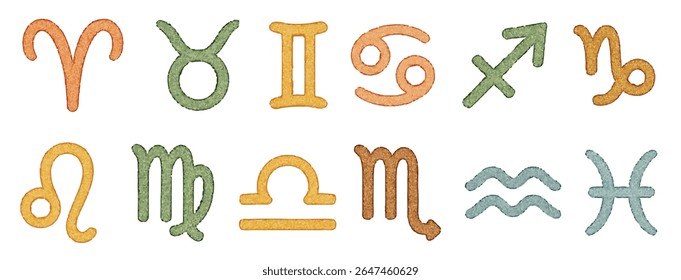 Colorful  zodiac symbols clipart set. Hand-painted astrological signs for horoscopes, mystical designs, planners, and spiritual projects. Ideal for prints, apps, or astrology branding.