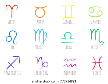 Colorful zodiac symbols vector set, collection of hand painted astrology signs. Aries, Taurus, Gemini, Cancer, Leo, Virgo, Libra, Scorpio, Sagittarius, Capricorn, Aquarius, Pisces icons isolated