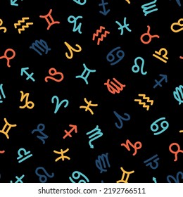 Colorful zodiacal signs seamless pattern with black background.