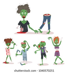 Colorful zombie scary cartoon elements halloween magic people body fun group cute green character part monsters vector illustration.