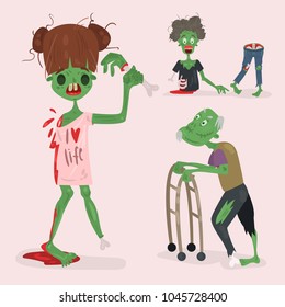 Colorful zombie scary cartoon elements halloween magic people body fun group cute green character part monsters vector illustration.