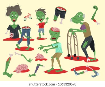 Colorful zombie scary cartoon elements halloween magic people body fun group cute green character part monsters vector illustration.
