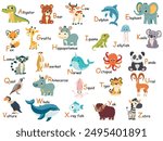 Colorful zoo alphabet for children with cute animals. Cartoon letters from A to Z isolated vector illustration. Preschool and school education concept