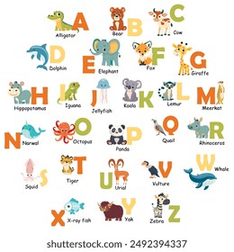 Colorful zoo alphabet for children with cute animals. Cartoon letters from A to Z isolated vector illustration. Preschool and school education concept