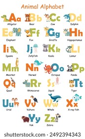 Colorful zoo alphabet for children with cute animals. Cartoon letters from A to Z isolated vector illustration. Preschool and school education concept