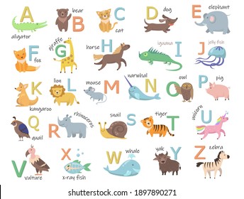 Colorful zoo alphabet with cute animals flat illustration set. Cartoon letters from A to Z for children isolated vector illustration collection. Preschool and school education concept