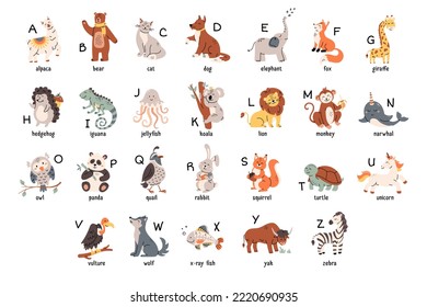 Colorful zoo alphabet with cute animals set. Cartoon letters from A to Z for children isolated vector illustration collection. Preschool and school education concept. Letters. Scandinavian style