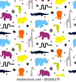 Colorful zoo animal silhouettes baby seamless vector pattern. Giraffe, lion, rhino, crocodile, toucan and elephant on white background.