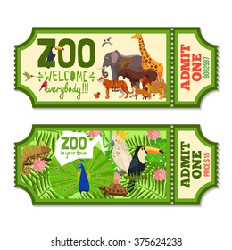 Colorful zoo tickets with tropical plants exotic birds and african animals flat vector illustration 