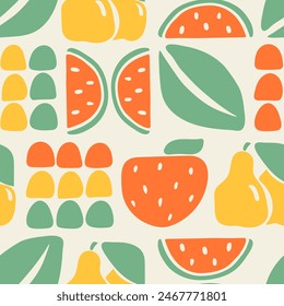 Colorfull abstract geometry nature seamless pattern, retro hand drawn fruits background