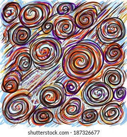 Colorfull abstract hand-drawn line and spiral pattern 