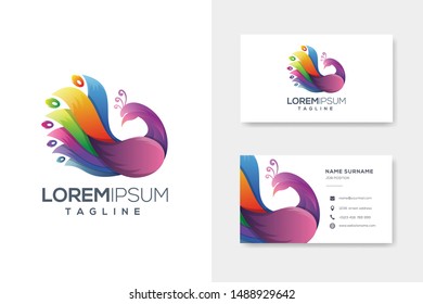Colorfull abstract peacock logo design vector with business card design