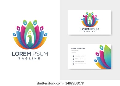 Colorfull abstract peacock logo design vector with business card design