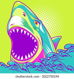 Colorfull angry shark in popart style