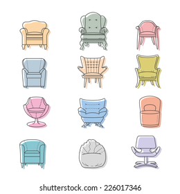 Colorfull armchairs isolated icons set. Vector illustration