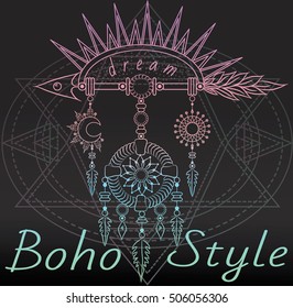 Colorfull arrow with Sun and Moon medallions on the sacred geometry background. Boho chic style. Hand drawn. Vector illustration.