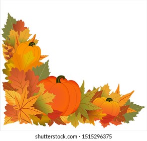 colorfull autumn leaves and pumpkins on white background, vector illustration, eps 10 