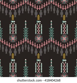 Colorfull  aztec seamless pattern on dark background. Ethnic abstract geometric texture. Hand drawn navajo fabric. Aztec Pattern Tribal. Used for wallpaper, web page background, fabric, postcards