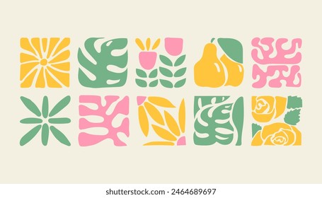 Colorfull bauhaus plants, natural geometric pattern in tiles, decorative abstract art with flowers, leaves, fruits, banner, wallpaper