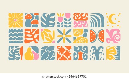 Colorfull bauhaus plants, natural geometric pattern in tiles, decorative abstract art with flowers, leaves, fruits, banner, wallpaper