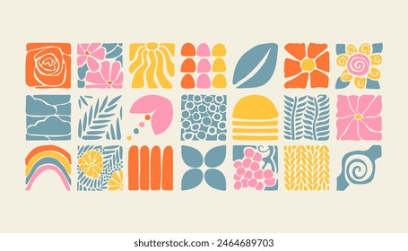 Colorfull bauhaus plants, natural geometric pattern in tiles, decorative abstract art with flowers, leaves, fruits, banner, wallpaper