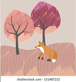 Colorfull card with fox and tree