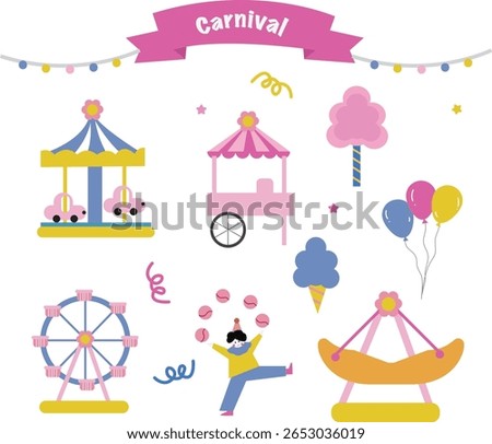 Colorfull carnival  elements for kids, including rides, ferris wheel, cotton candy, ballons , food stall dand juggler-perfect for children festival night market themes.
