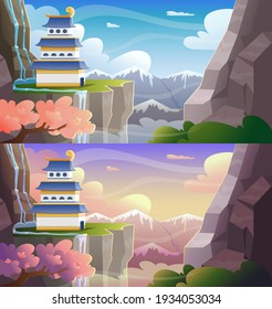 Colorfull cartoon Asian castle on mountains peak at morning and day time with cloud sky