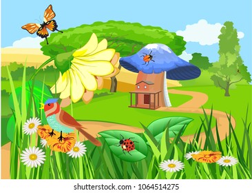 Colorfull and cherfull vector illustratiuon of fantasy fairytail country landscape, mashroom house  and clouds sky