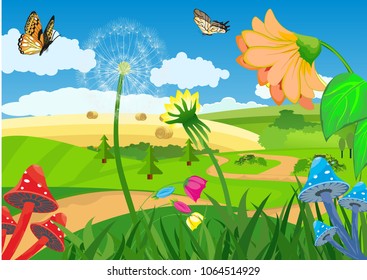 Colorfull and cherfull vector illustratiuon of fantasy fairytail country landscape,butterfies, blowing flowers,  and clouds sky