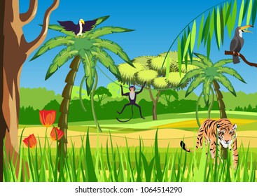 Colorfull and cherfull vector illustratiuon of wild jungles landscape,monkeys, tiger, tucano exotic animals  