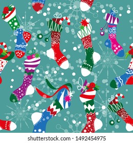 Colorfull Christmas socks seamless pattern. Vector illustration.