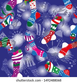Colorfull Christmas socks seamless pattern. Vector illustration.