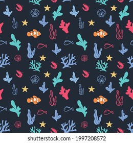Colorfull coral and fish seamless pattern backdrop
