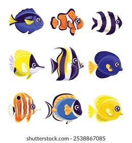 Personajes lindos coloridos de peces de mar. ilustración plana 