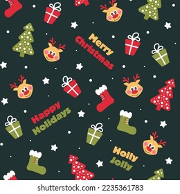 Colorfull cute winter pattern. Christmas seamless pattern. Christmas holiday pattern with gifts, deer, christmas tree, snowflakes, stars and greetings