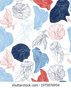 colorfull decorative seamless pattern with siamese fighting fish and jellyfish. Blue, red and white vector. Perfect for wallpapers, web page backgrounds, surface textures, textile.