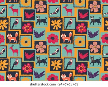 Colorfull Doodle Seamless Pattern Scandinavian folk design with animal and flower. Hand drawn Abstract shape leaf and flower organic nordic background for print and textile.