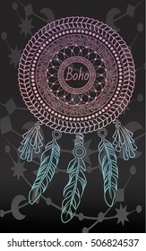 Colorfull dreamcatcher with feathers. Boho chic style. Hand drawn. Vector illustration.